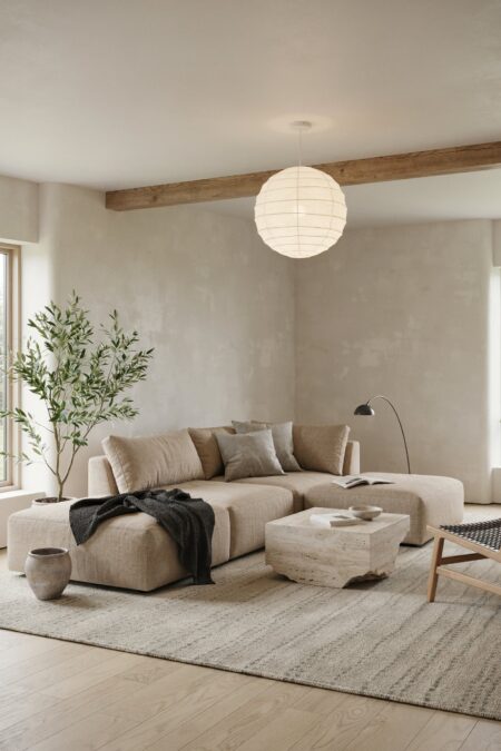 Japandi living room with lime wash plaster on the walls, a sand-colored modular sectional sofa with a charcoal throw, and a travertine stone coffee table