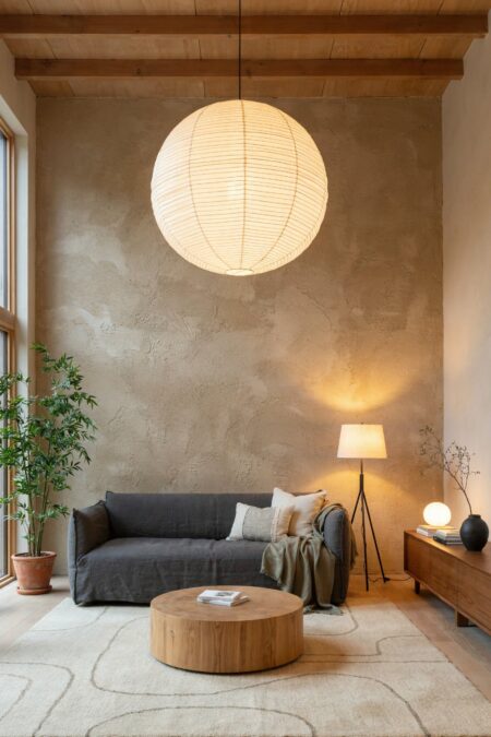 Japandi living room with an oversize round paper lantern pendant, a dark gray sofa, a floor lamp, a low wood credenza, and a plaster accent wall