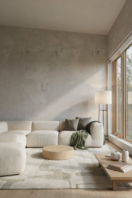 Japandi living room with plaster in putty-gray shade on the walls, a cream modular sofa with a green throw and gray pillows, and an oak circular coffee table