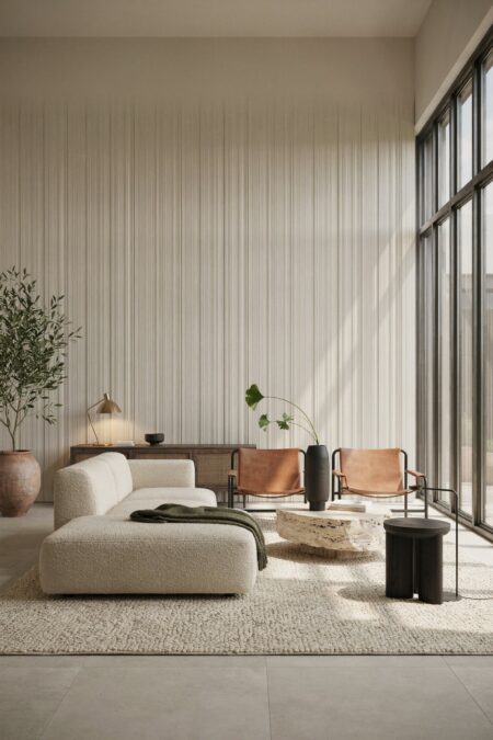 Japandi living room with tall ceilings, a textured wall, an olive tree in the planter, a cream boucle sectional sofa, a black vase with a ginkgo branch, and leather accent chairs