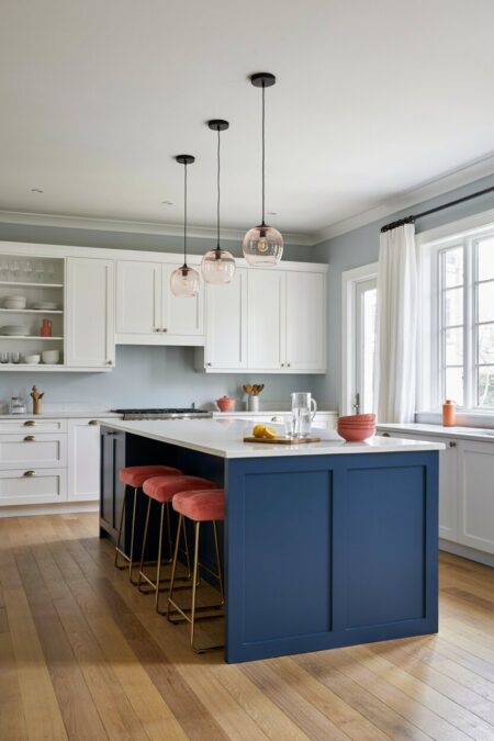 kitchen with white cabinets, a navy blue kitchen island, blush pink glass pendant lights, and pink velvet bar stools