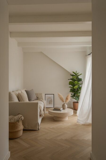light and airy attic living room with a linen sofa, knit throws, and pale wood floors