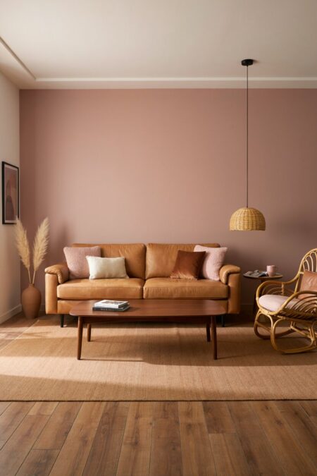 living room with a muted rose accent wall, a caramel leather sofa, a tan rug, and a walnut coffee table
