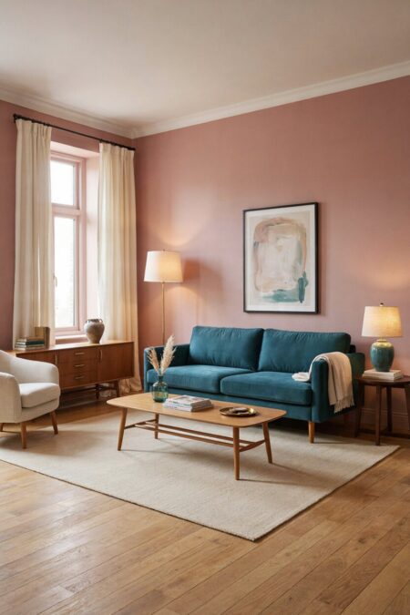 living room with rosy walls, a deep teal sofa; cream curtains, lampshades, a rug, and a throw; a wood mid-century credenza