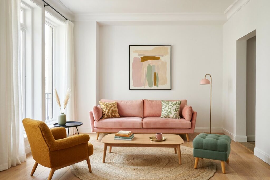 living room with white walls, a pink couch, a marigold armchair, and a sage footstool