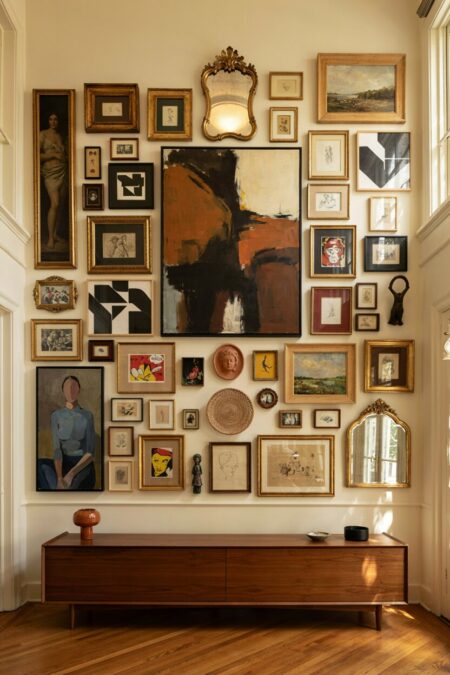 maximalist living room with floor-to-ceiling gallery wall and low wood console table