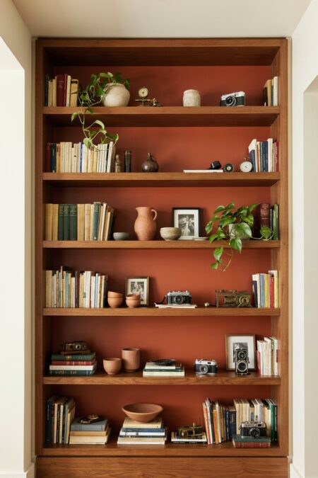 maximalist open shelving with terracotta back has books, ceramics, and vintage cameras