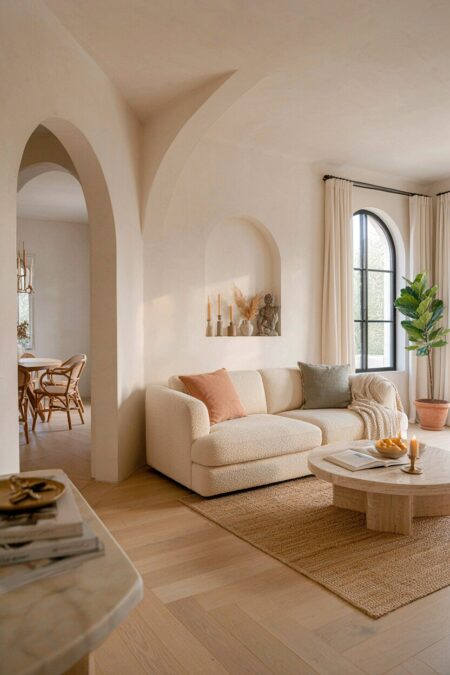 Mediterranean living room with arched doorways, a wall niche, and windows