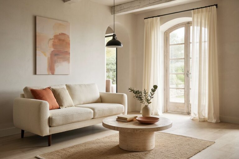 9 Mediterranean Living Room Ideas Blending European Heritage with Modern Comfort Mediterranean living room with a boucle sofa, a round stone coffee table, and a black pendant light