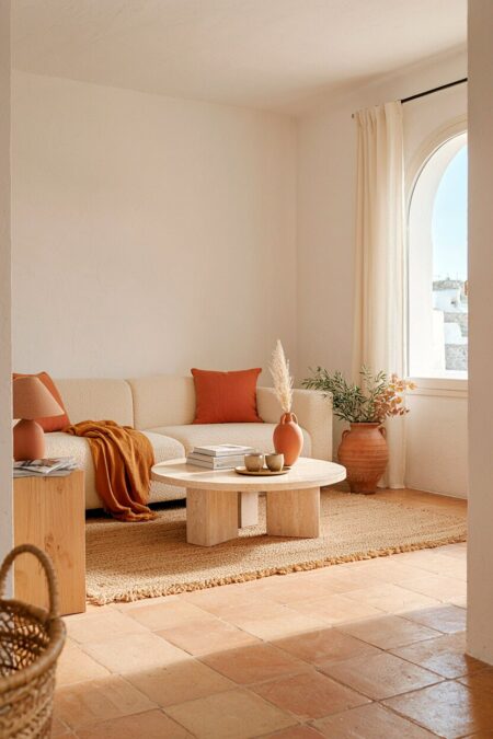 Mediterranean living room with clay floor tiles and terracotta decor
