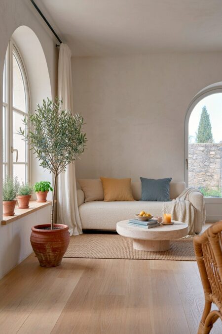 Mediterranean living room with an olive tree in a terracotta pot and potted herbs on the windowsill, a boucle sofa