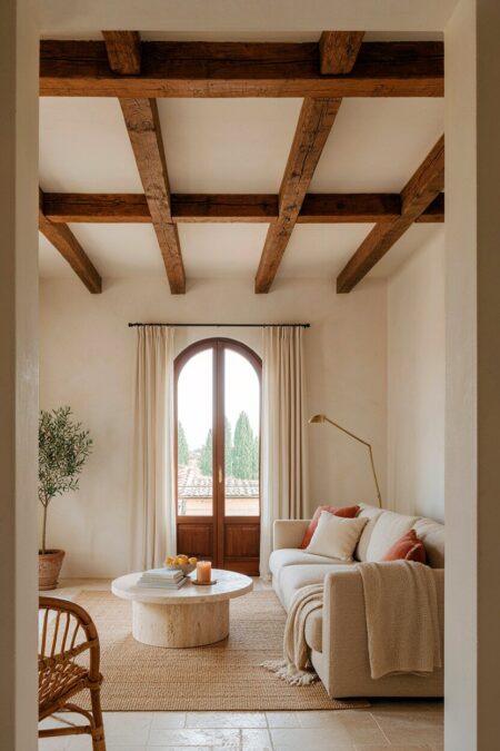 Mediterranean living room with rustic exposed wood beams