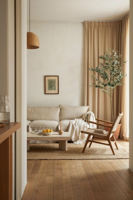 Mediterranean living room with a slipcovered linen sofa, rattan armchair and pendant lamp, wooden flooring planks
