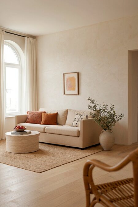 Mediterranean living room with whitewashed plaster walls