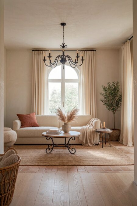 Mediterranean living room with wrought iron chandelier, coffee and side table bases