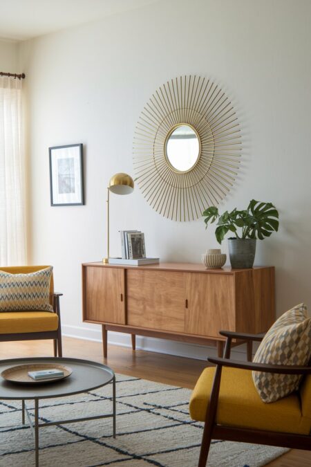 mid-century modern living room with a brass sunburst mirror above a wooden credenza and two yellow accent chairs