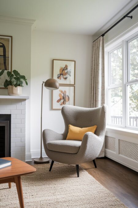 mid-century modern living room with a gray boucle egg chair with a yellow lumbar throw pillow
