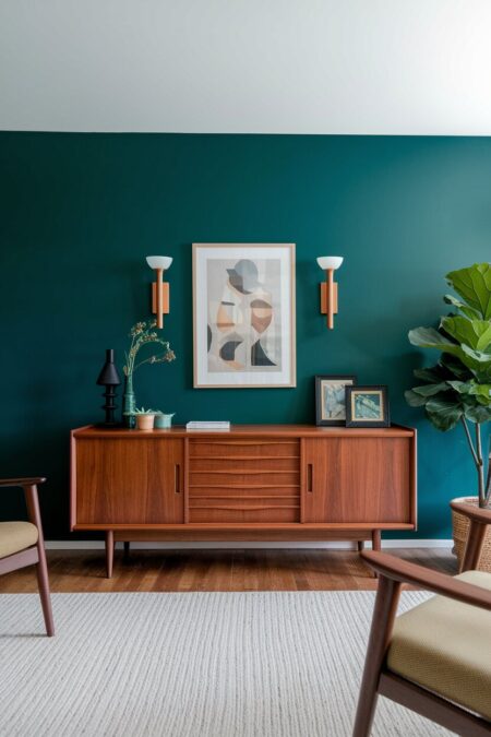 mid-century modern living room with a moody forest green wall and a walnut credenza