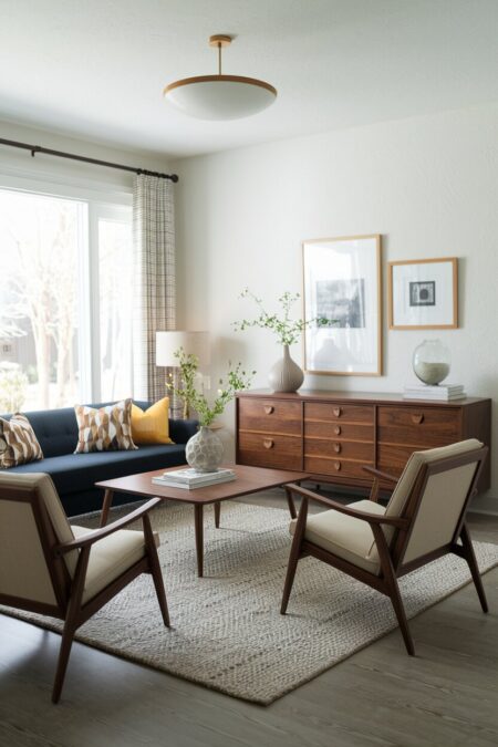 mid-century modern living room with a muted dark blue sofa and wooden furniture on tapered legs