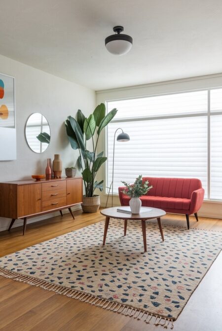 mid-century modern living room with a terrazzo pattern area rug, a wooden credenza, and a channel-tufted sofa
