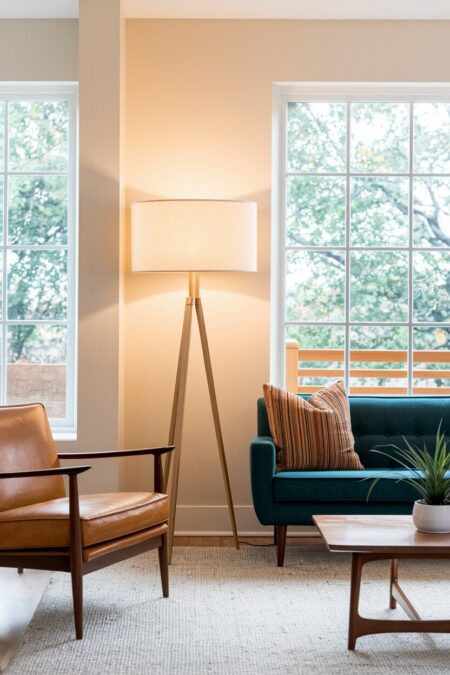 mid-century modern living room with a tripod floor lamp with a wood frame next to the blue tufted sofa and leather chair