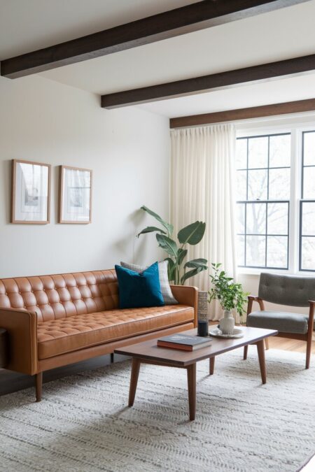 mid-century modern living room with a tufted leather lean sofa, a gray accent chair, and wood ceiling beams