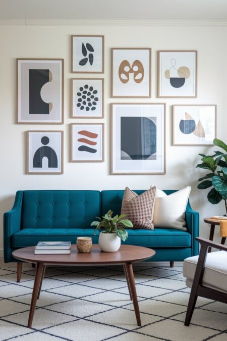 mid-century modern living room with a tufted teal sofa and a gallery wall with abstract prints in wooden frames
