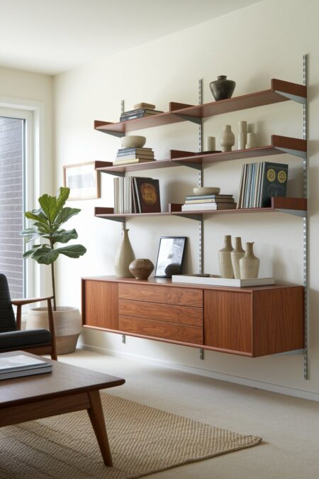 mid-century modern living room with a wall-mounted shelving unit in walnut