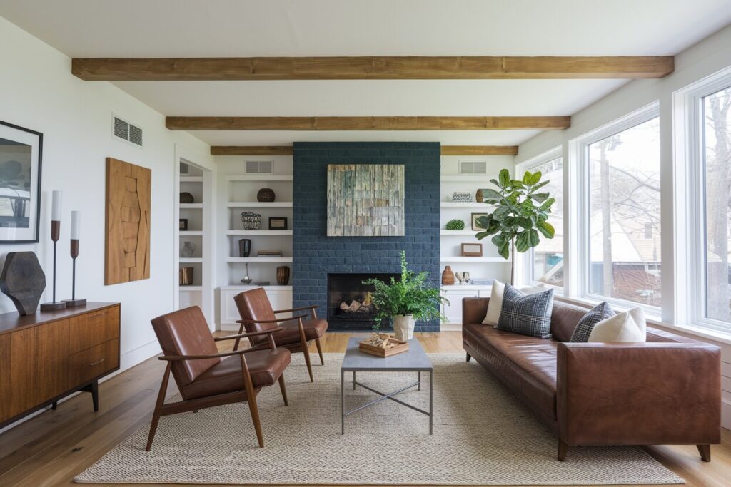 12 Mid-Century Modern Living Room Ideas Defined by Clean Lines mid-century modern living room with brown leather furniture, gray fireplace surround, and wooden elements