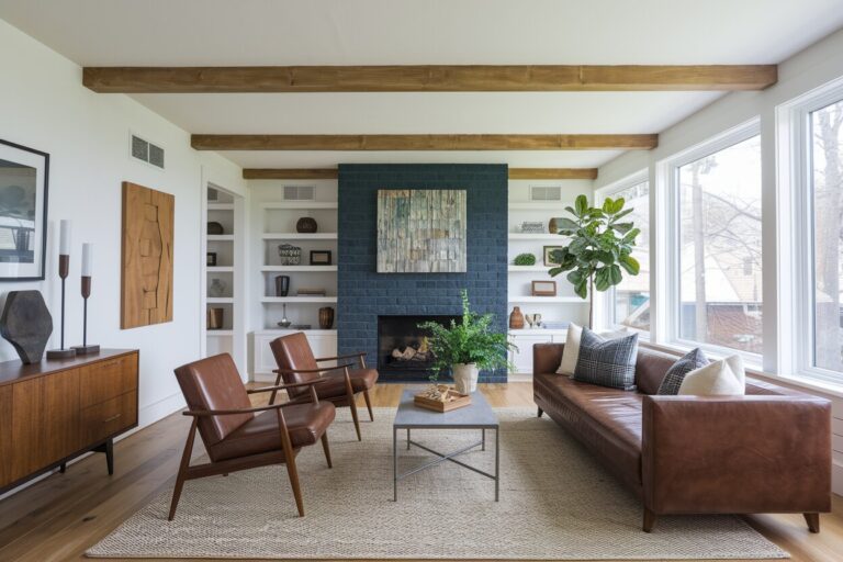 12 Mid-Century Modern Living Room Ideas Defined by Clean Lines mid-century modern living room with brown leather furniture, gray fireplace surround, and wooden elements