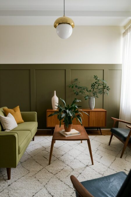 mid-century modern living room with olive green and cream wall, wooden furniture, and black accent chairs