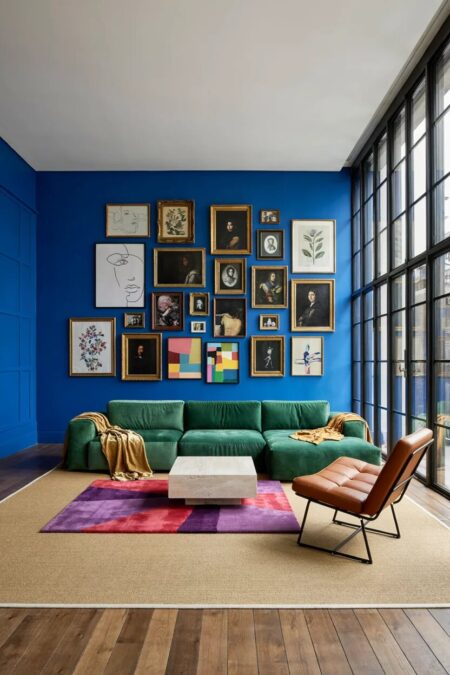 modern maximalist living room with cobalt blue walls, Crittall windows, a green velvet sectional, layered rugs, and leather accent chair