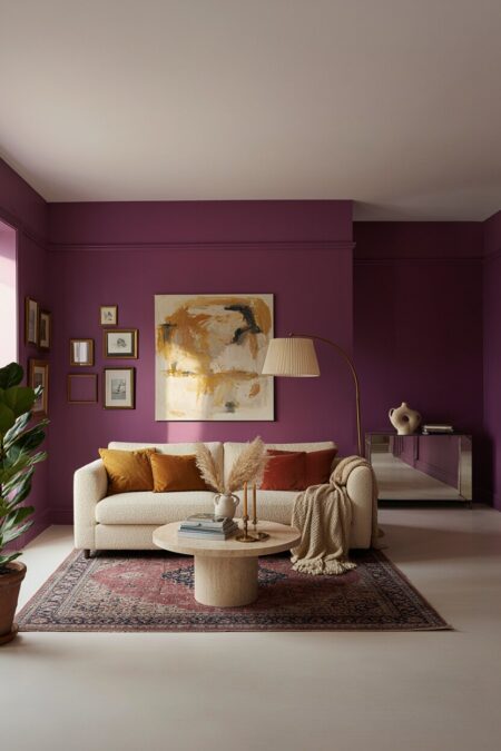 modern maximalist living room in plum color with a cream boucle sofa, a vintage rug, brass floor lamp and frames, and a mirrored credenza