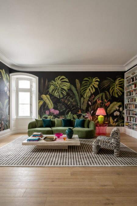 modern maximalist living room with a moody large-scale floral and jungle print wallpaper, a green velvet sofa with dark emerald green pillows, a striped rug, a zebra accent chair, and white bookshelves