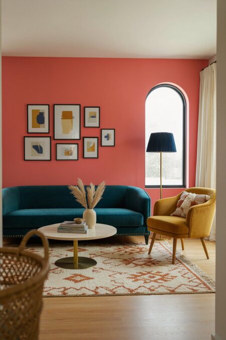 modern maximalist living room with a peach pink wall, a deep teal curved sofa, a mustard accent chair, and abstract wall art in black frames above the sofa
