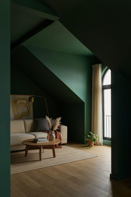 moody attic living room with deep green walls and ceiling, a cream boucle sofa, cream sheer curtains