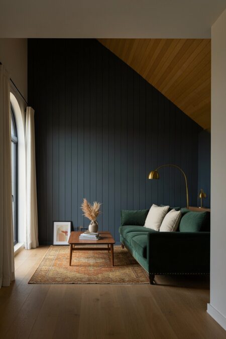 moody attic living room with a forest green velvet sofa, brass lamps, and a charcoal accent wall