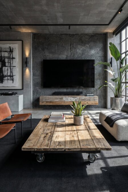 moody industrial living room has a coffee table with weathered timber top and metal caster wheels, a midnight black rug, track lighting