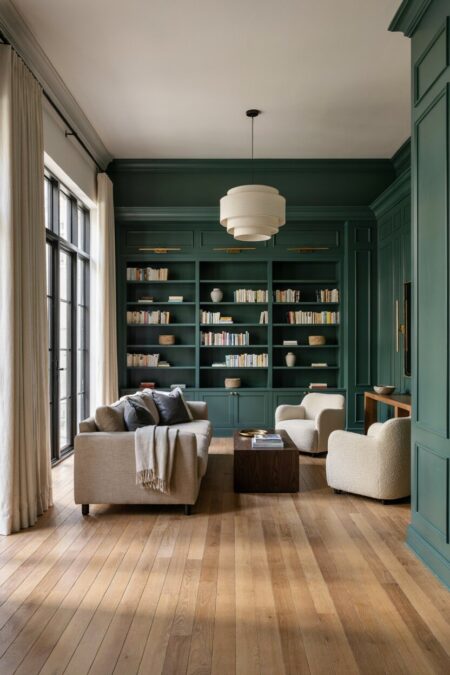 muted dark green transitional living room with painted built-in shelving, a linen sofa, boucle accent chairs, and a multi-tier drum pendant light