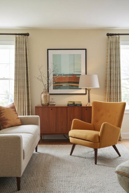 neutral mid-century modern living room with a mustard yellow accent chair and a walnut console