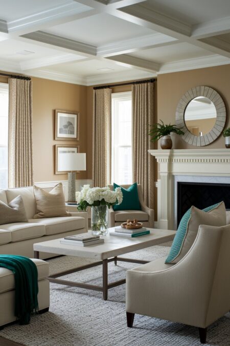 neutral traditional living room with a fireplace and a few emerald throws