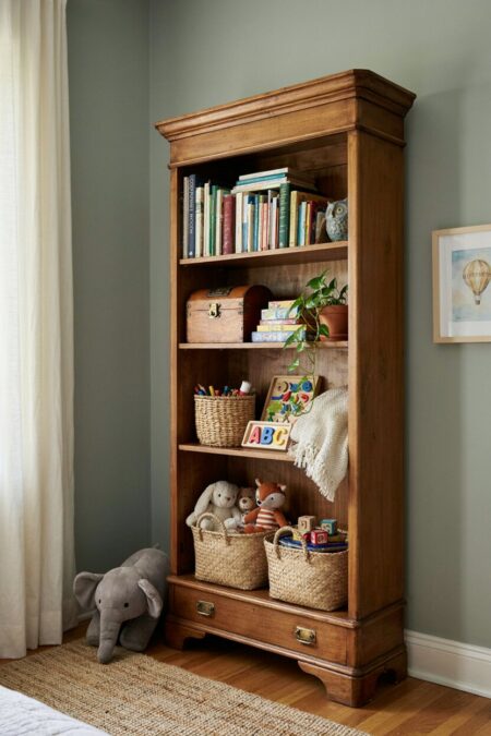 old wooden bookcase repurposed for storing toys and children's books