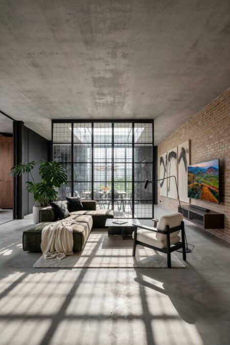 open floor plan industrial living room with black frame glass room divider, an olive green sectional sofa, a light-colored textured rug and accent chair