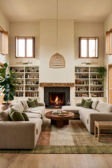 organic transitional living room with a solid wood coffee table, reclaimed mantel, built-in shelving, contemporary gray sofas with olive throw pillows, and a tall fiddle-leaf fig