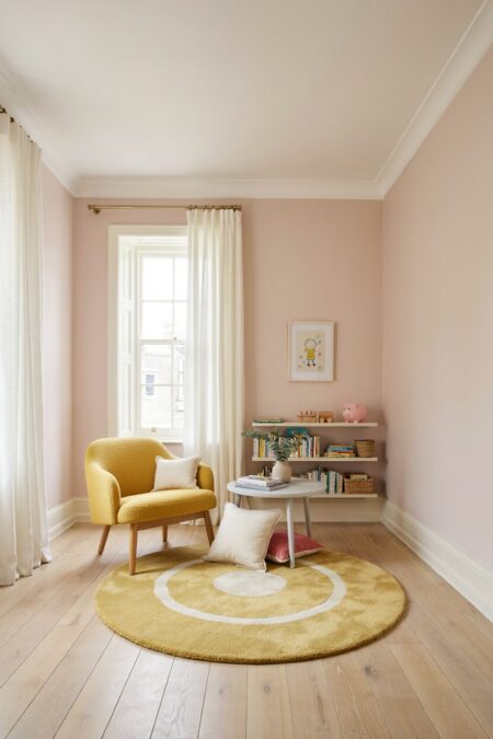 playroom with soft pink walls, a yellow accent chair and rug; cream pillows, floating shelves, and curtains