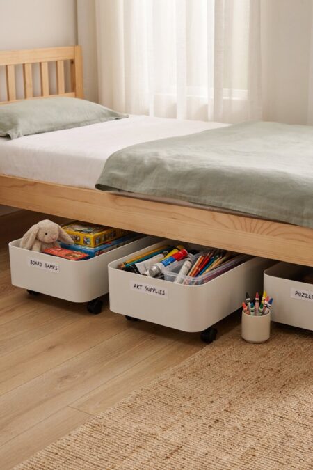 Kids' bedroom has rolling under bed storage bins with toys, art supplies, and board games