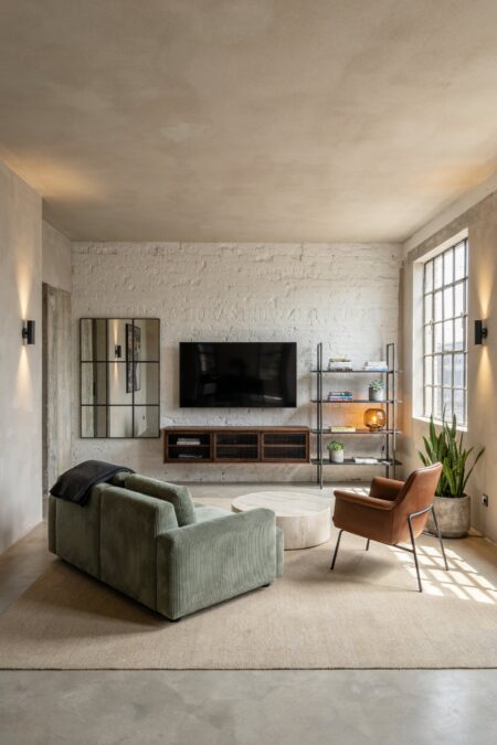 small industrial living room with pale gray walls, a white brick accent wall with a mounted TV, a two-seater sage green sofa in corduroy fabric, black wall sconces, and a leather accent chair