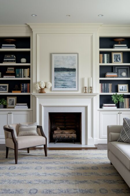 traditional living room has built-in bookcases with dark painted back flanking a fireplace