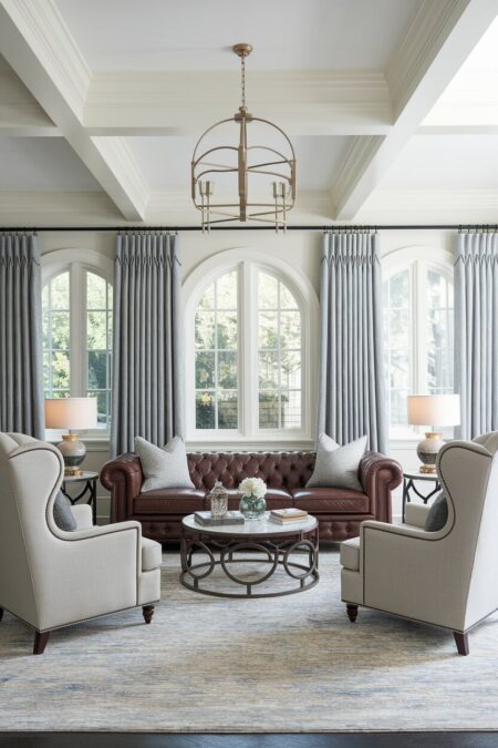 traditional living room with a brown leather Chesterfield sofa and two light wingback chairs