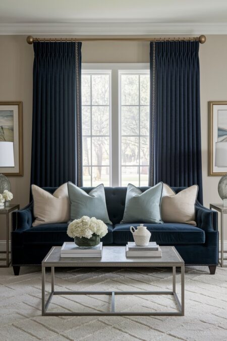 traditional living room with a dark blue velvet tufted sofa and dark blue velvet curtains